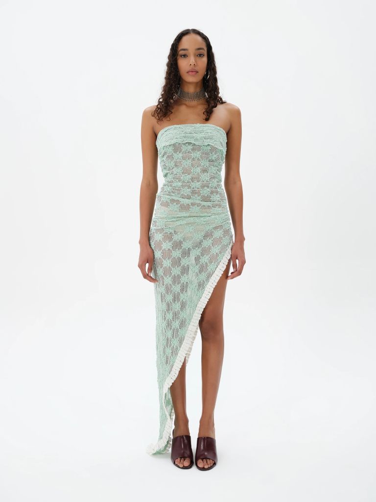 Lace Trimmed Asymmetric Strapless Dress