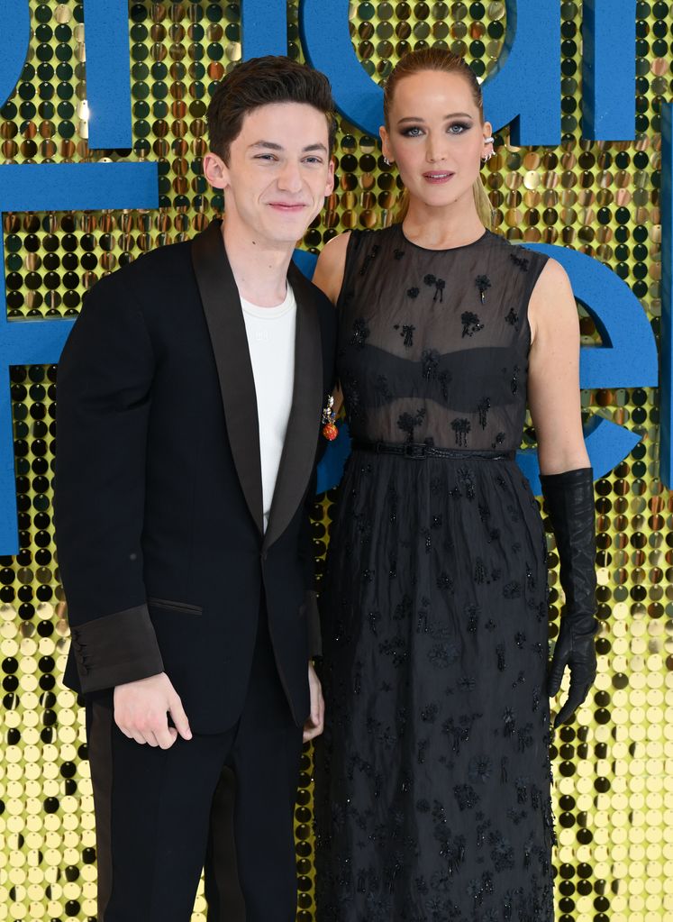 Andrew Barth Feldman and Jennifer Lawrence attend the "No Hard Feelings" UK Premiere at Odeon Luxe Leicester Square on June 12, 2023 in London, England