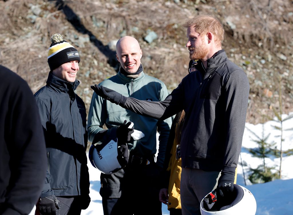 Prince Harry, Duke of Sussex (R) attends Invictus Games Vancouver Whistlers 2025's One Year To Go Winter Training Camp on February 15, 2024 in Whistler, British Columbia.