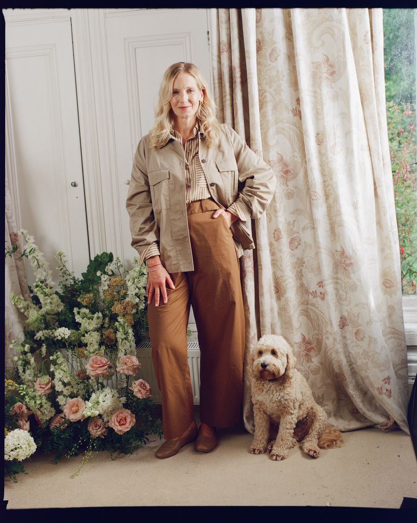 Savannah Miller with her dog and a bunch of flowers
