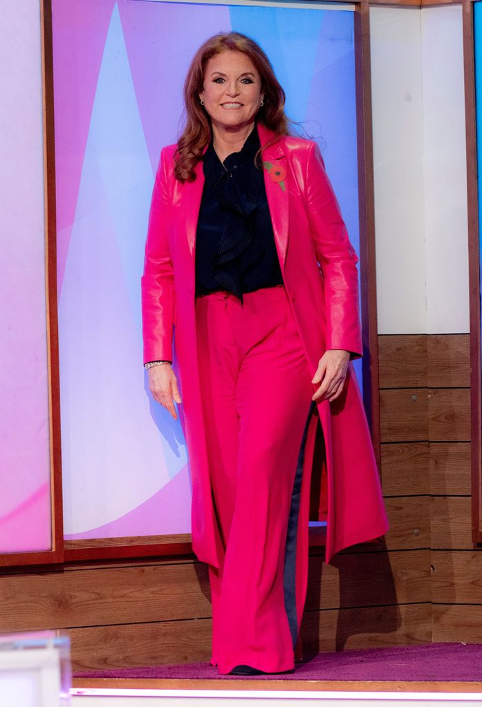 Sarah Ferguson wearing pink pvc jacket and trousers on Loose Women
