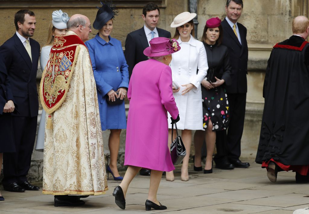 Queen Elizabeth II greeting royals outside church at Easter 2018