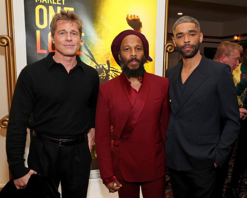 Brad Pitt, Ziggy Marley, and Kingsley Ben-Adir attend the Los Angeles Premiere of "Bob Marley: One Love" at Regency Village Theatre on February 06, 2024, in Los Angeles, California.