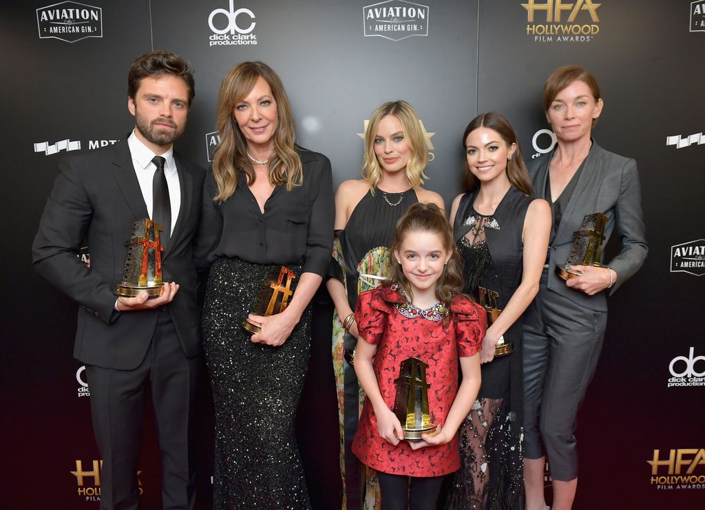 Sebastian Stan, Allison Janney, Margot Robbie, Mckenna Grace, Caitlin Carver, and Julianne Nicholson, recipients of the Hollywood Ensemble Award for 'I, Tonya,' pose in the press room during the 21st Annual Hollywood Film Awards at The Beverly Hilton Hotel on November 5, 2017 in Beverly Hills, California