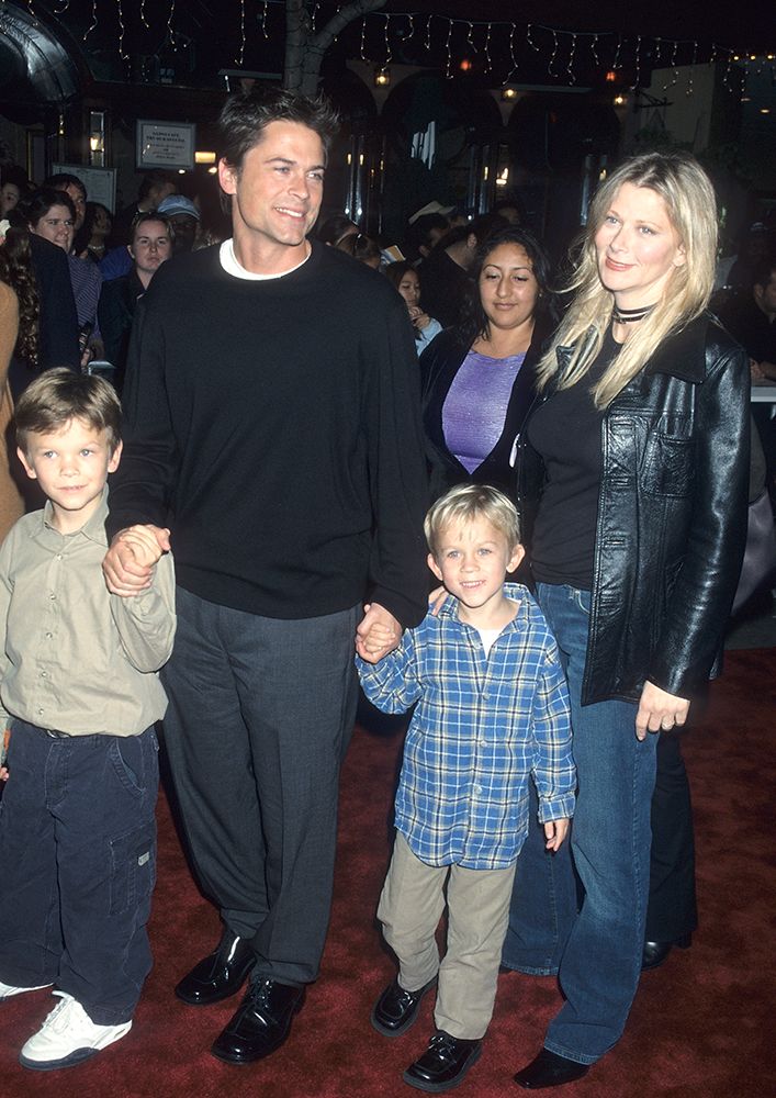 Rob and Sheryl Lowe with their sons Matthew Edward and John Owen Lowe in 2001