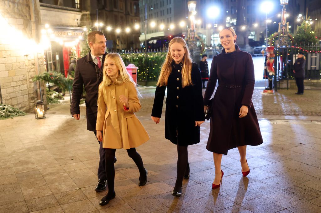 : Peter Phillips, Savannah Phillips, Isla Phillips and Zara Tindall attend The "Together At Christmas" Carol Service at Westminster Abbey on December 08, 2023 in London, England