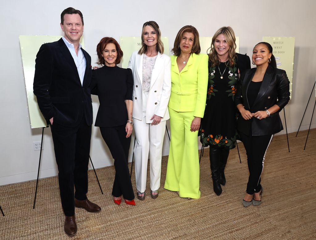 Willie Geist, Stephanie Ruhle, Savannah Guthrie, Hoda Kotb, Jenna Bush-Hager,  and Sheinelle Jones attend the "Mostly What God Does" book presentation on February 21, 2024 in New York City