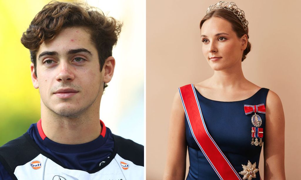 Split image of Franco Colapinto looking out on the left and Princess Ingrid Alexandra in a navy dress on the right looking out 