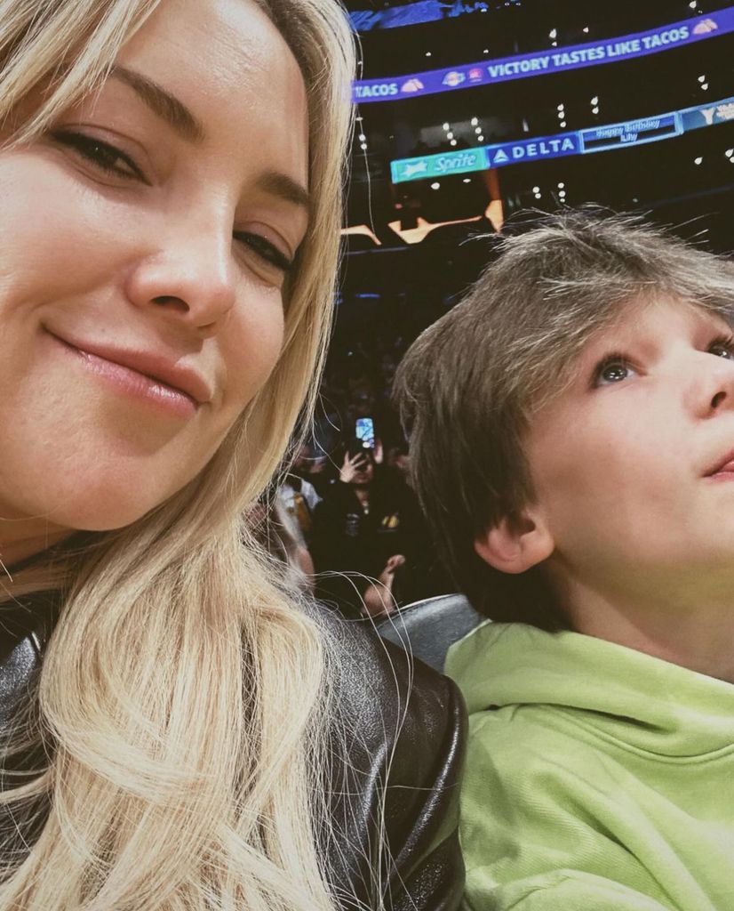 Photo shared by Kate Hudson on Instagram March 2024 featuring her son Bingham "Bing" Bellamy as the two attended the Lakers game during which LeBron James became the first NBA player to score 40,000 points.