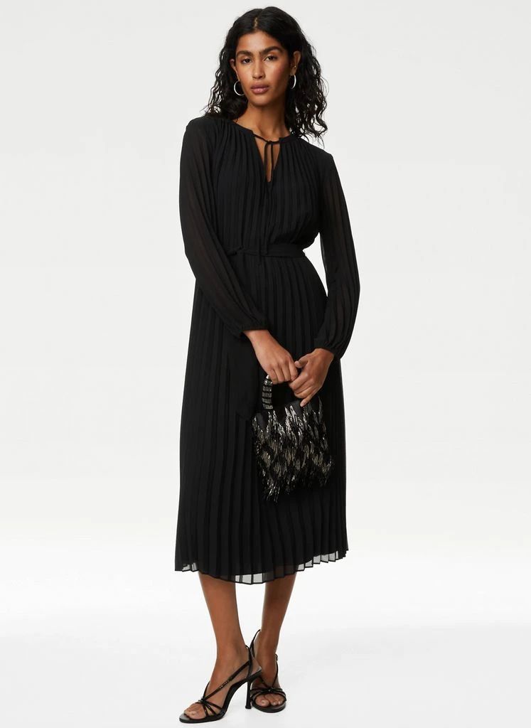 M&S Collection Tie Neck Pleated Belted Midi Column Dress