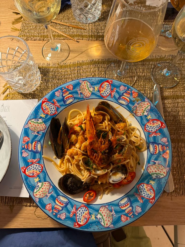 A plate of seafood pasta