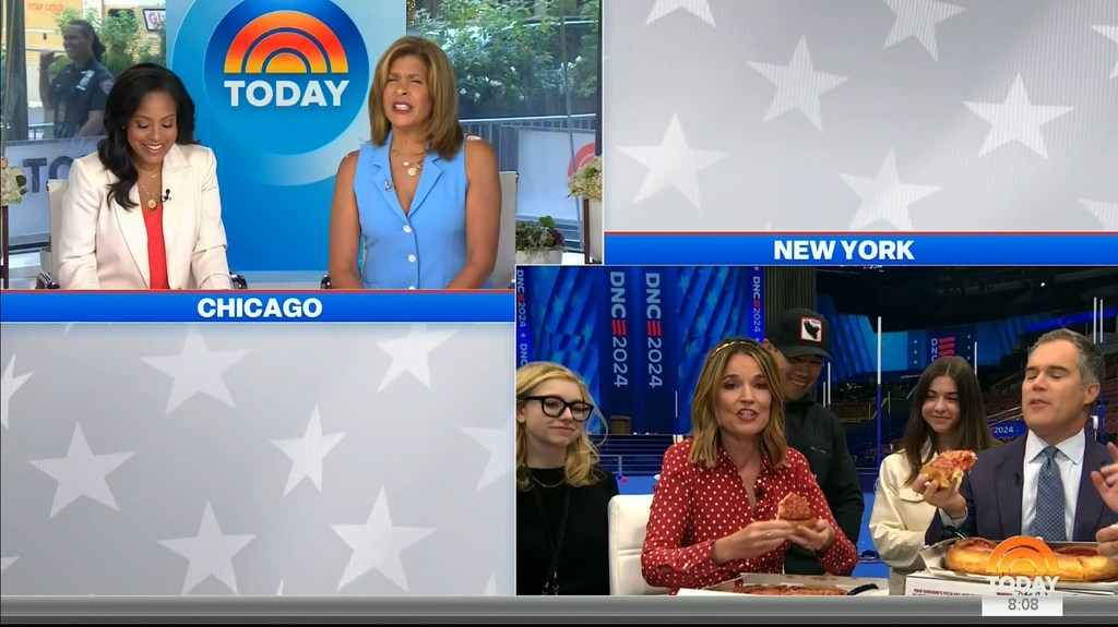 Hoda and Sheinelle watch on as Savannah eats pizza