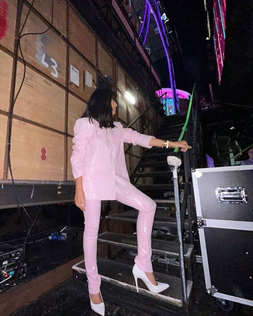 Claudia Winkleman wearing baby pink sparkly suit on Strictly