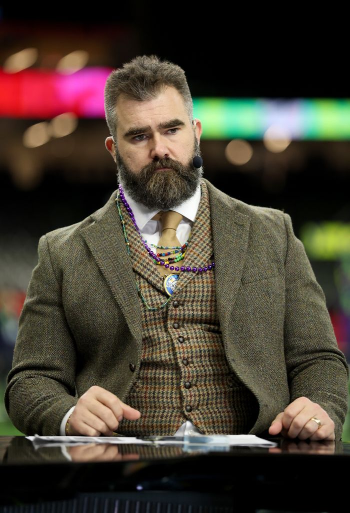 Jason Kelce, ESPN analyst, looks on ahead of Super Bowl LIX between the Kansas City Chiefs and Philadelphia Eagles at Caesars Superdome on February 09, 2025 in New Orleans, Louisiana
