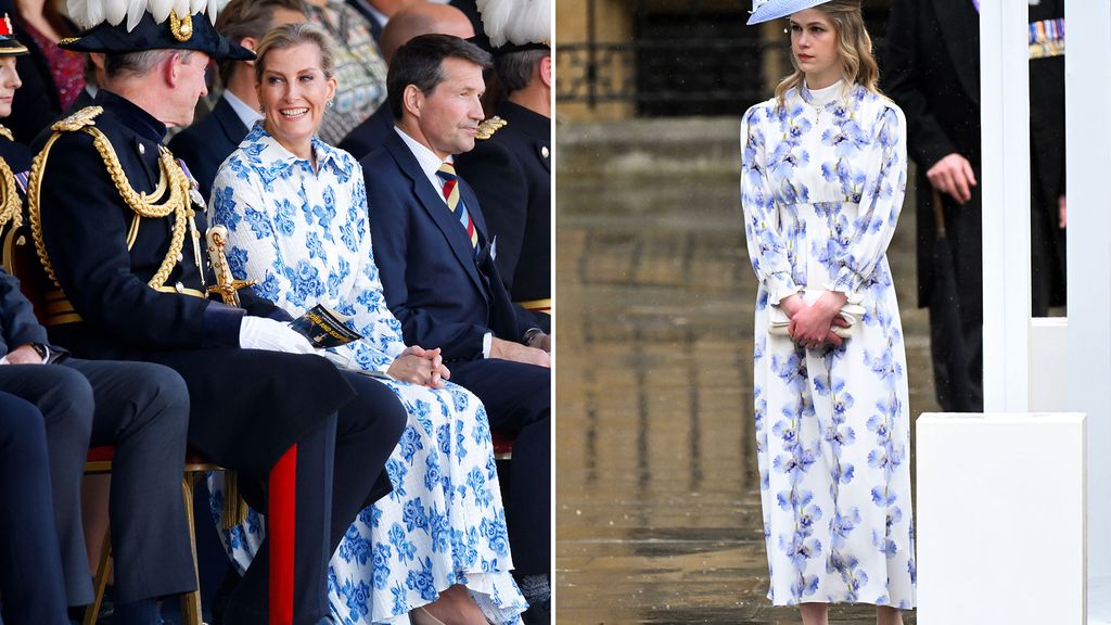 Sophie and Louise in almost identical blue and white floral dresses