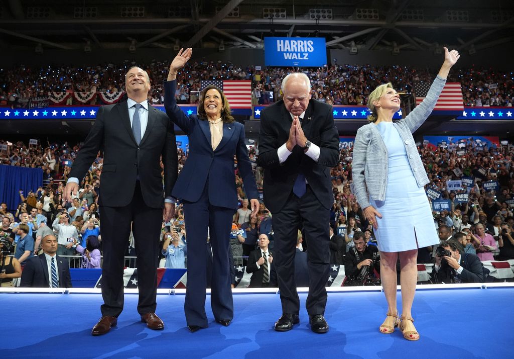 Second Gentleman Doug Emhoff, Democratic presidential candidate, US Vice President Kamala Harris, Democratic vice presidential candidate, Governor of Minnesota Tim Walz and his wife Gwen Walz 