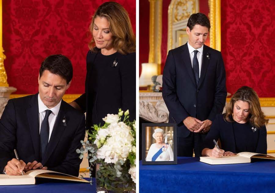 Justin Trudeau and Sophie Grégoire Trudeau signing the condolences book for the Royal Family after Queen Elizabeth II's death