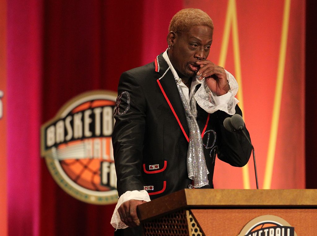 Dennis Rodman reacts during the Basketball Hall of Fame Enshrinement Ceremony at Symphony Hall on August 12, 2011