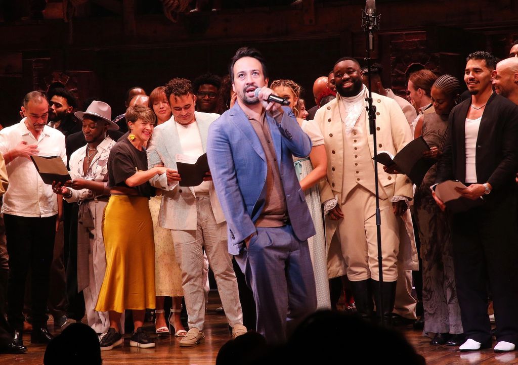 Lin-Manuel Miranda with cast and alumni during the curtain call as "Hamilton" celebrates "Hamil-TEN"