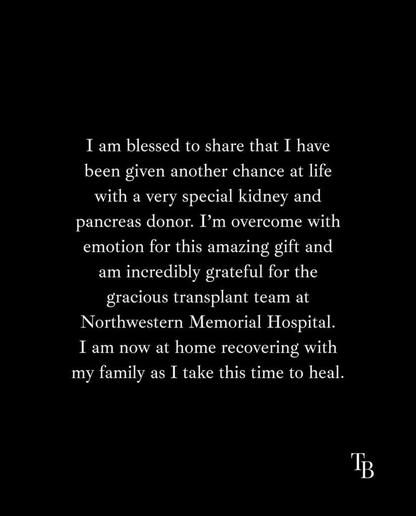 Statement by HGTV star Tiffany Brooks revealing she is recovering from a double-organ transplant