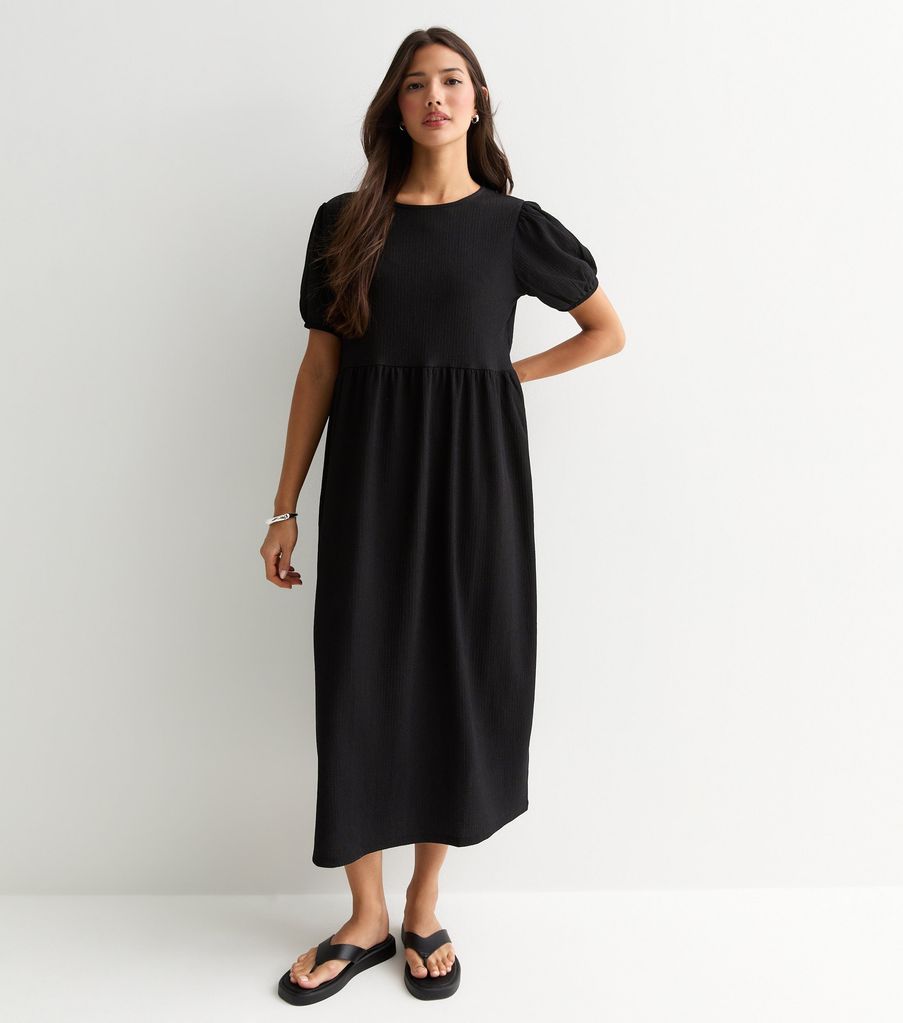 New Look Black Crinkled Short Sleeved Midi Dress