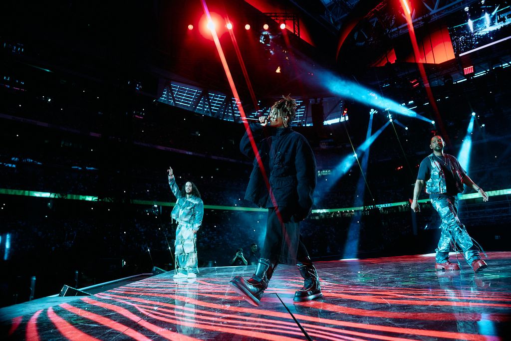 Will Smith, Jaden Smith, and Russ perform at La Velada Del Año 4 at the Santiago Bernabeu Stadium in Madrid, Spain on July 13