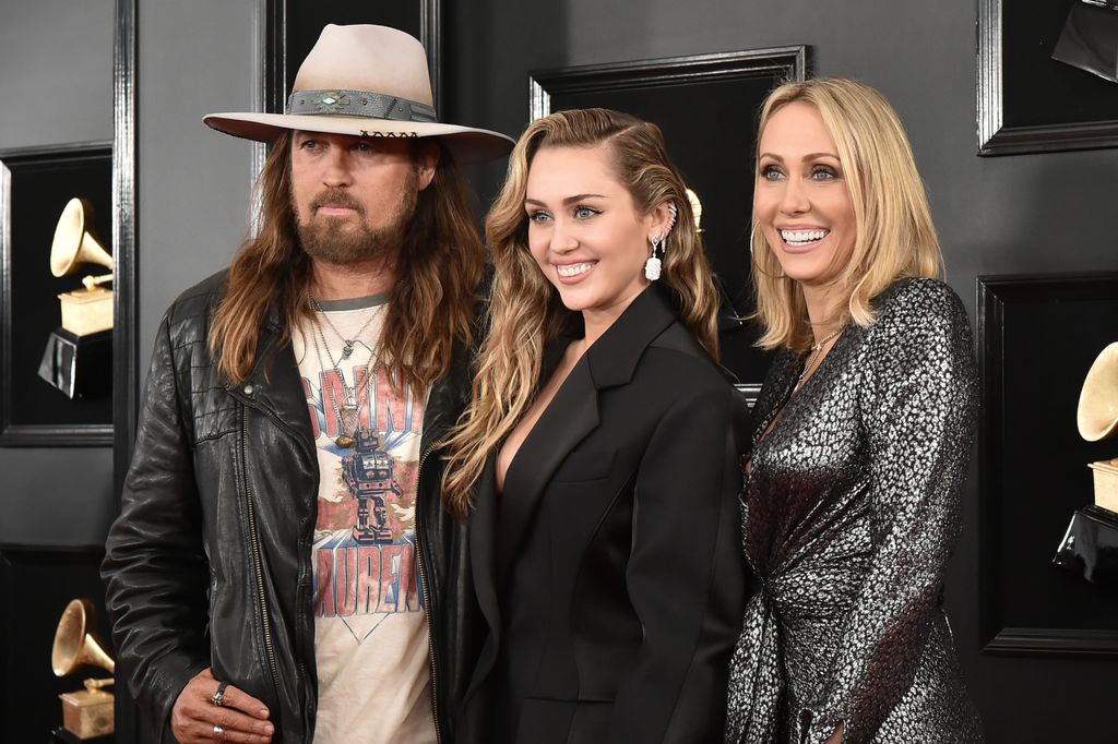 Billy Ray Cyrus, Miley Cyrus and Tish Cyrus attend the 61st Annual Grammy Awards at Staples Center on February 10, 2019 in Los Angeles, California. (Photo by David Crotty/Patrick McMullan via Getty Images)