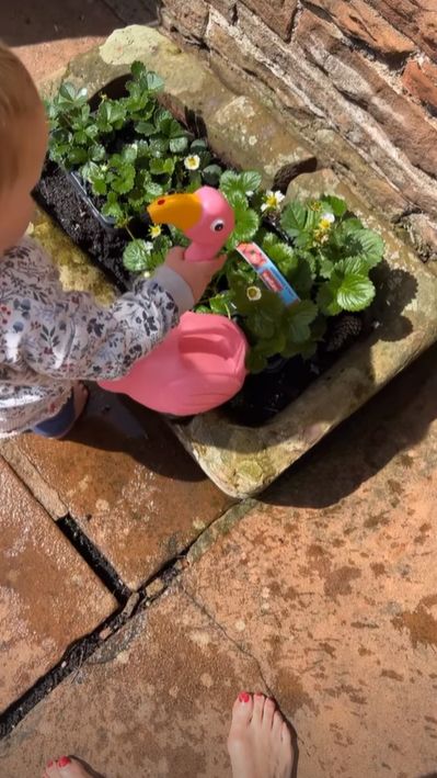 Young girl with a flamingo-shaped watering can