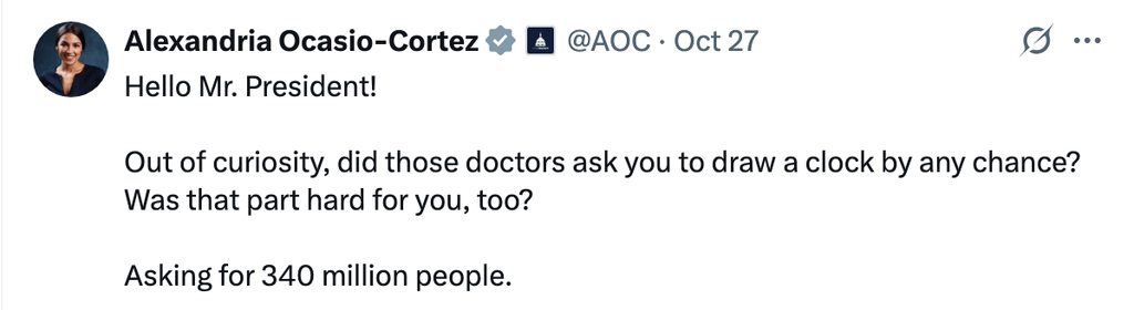 Alexandria Ocasio-Cortez's response to Donald Trump challenging him to a IQ test, suggesting it was actually the MoCA test