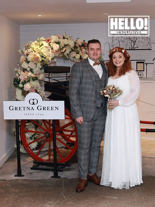Carrie Hope Fletcher and Joel Montague posing after their secret wedding in Gretna Green