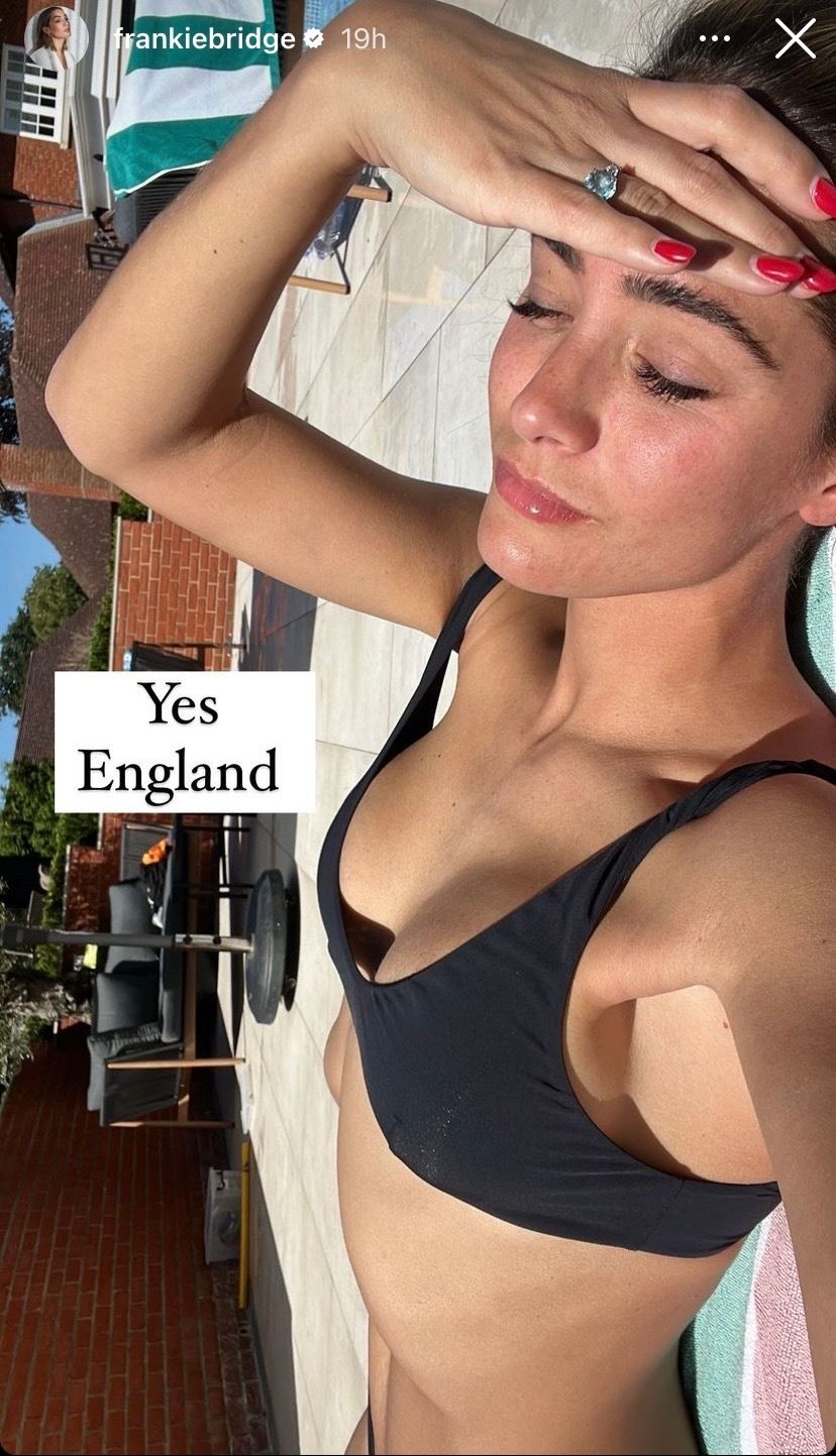 Frankie bridge wows in the tiniest bikini for sun soaked sunbathing
