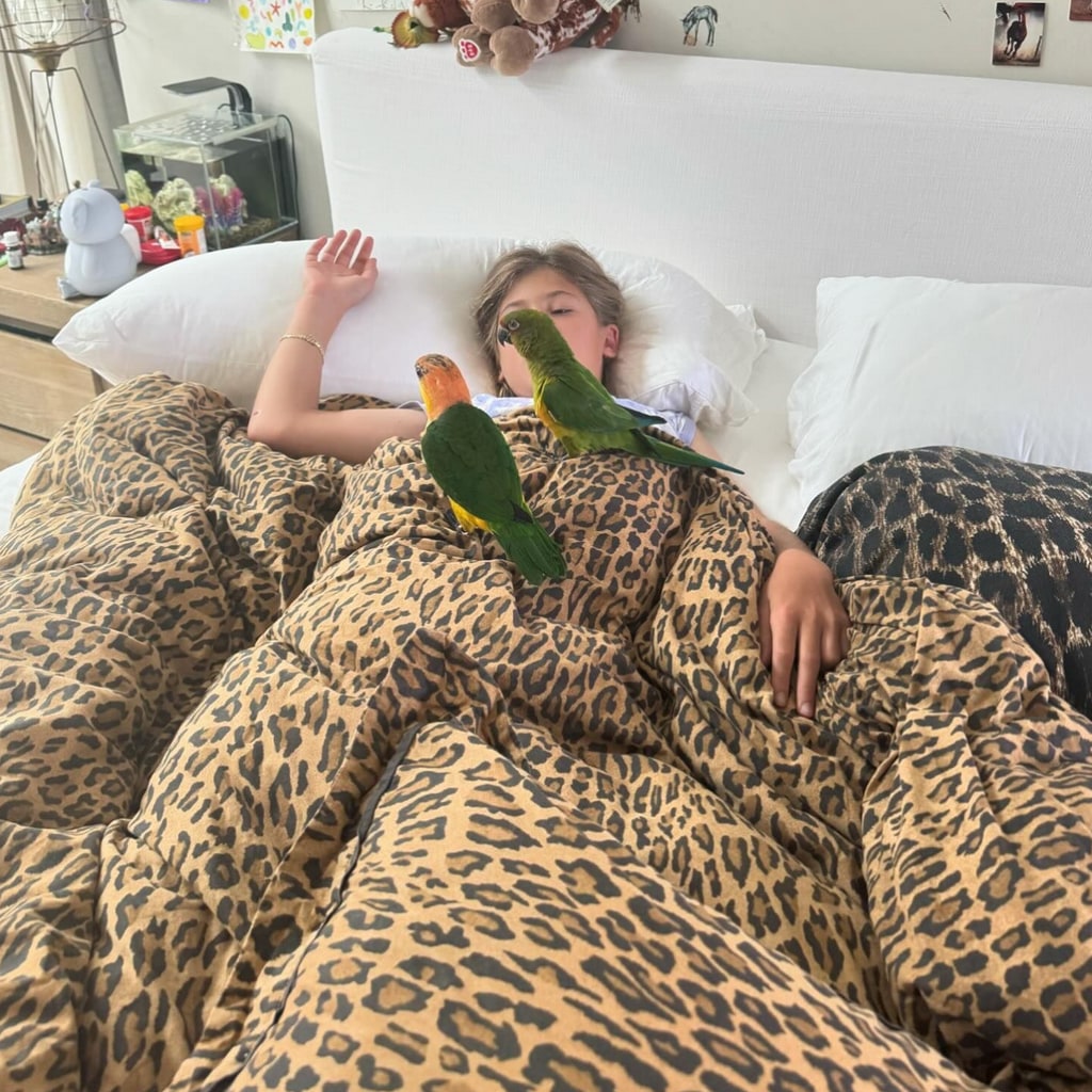 Photo shared by Elsa Pataky on Instagram of her and Chris Hemsworth's daughter India in her bed with parrots.