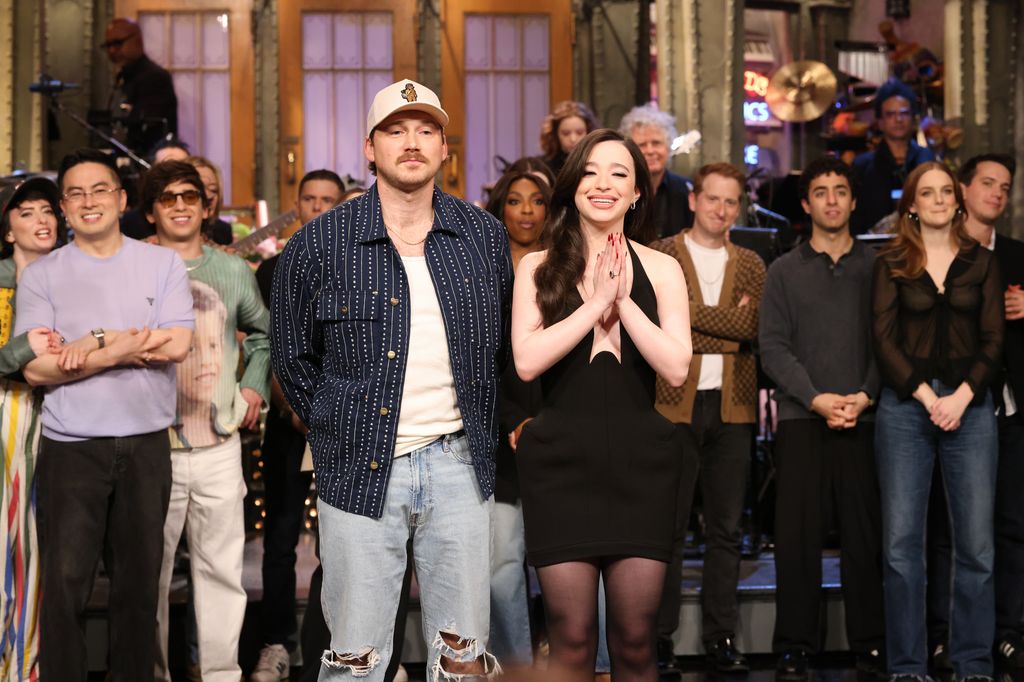 Musical guest Morgan Wallen and host Mikey Madison during Goodnights & Credits for SNL in 2025