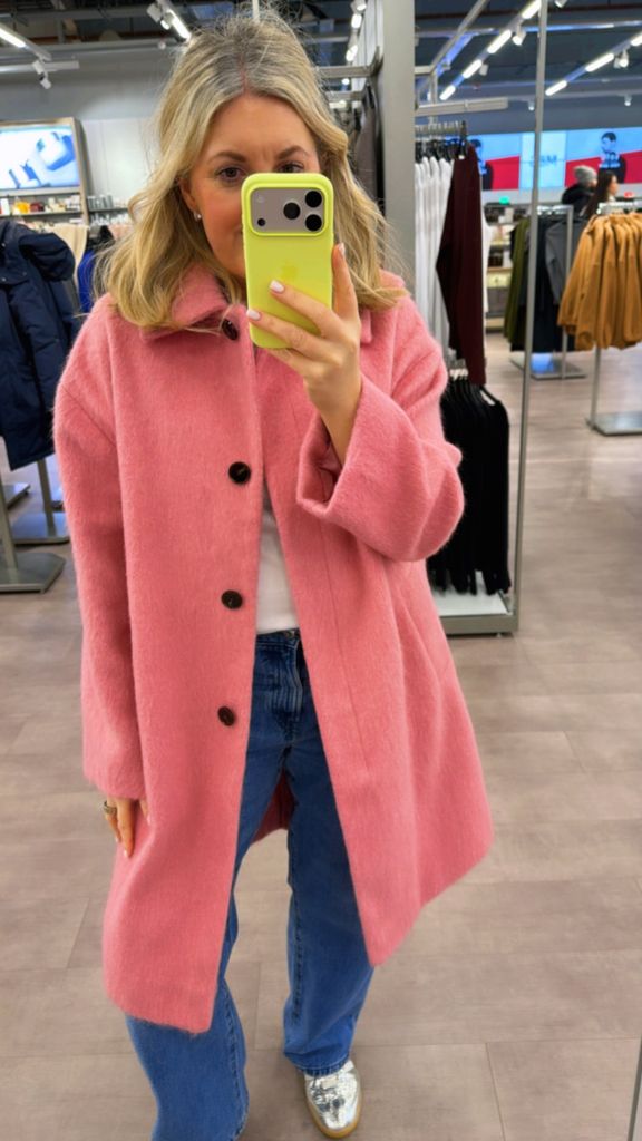 Writer Leanne Bayley wearing pink M&S coat like Princess Kate's