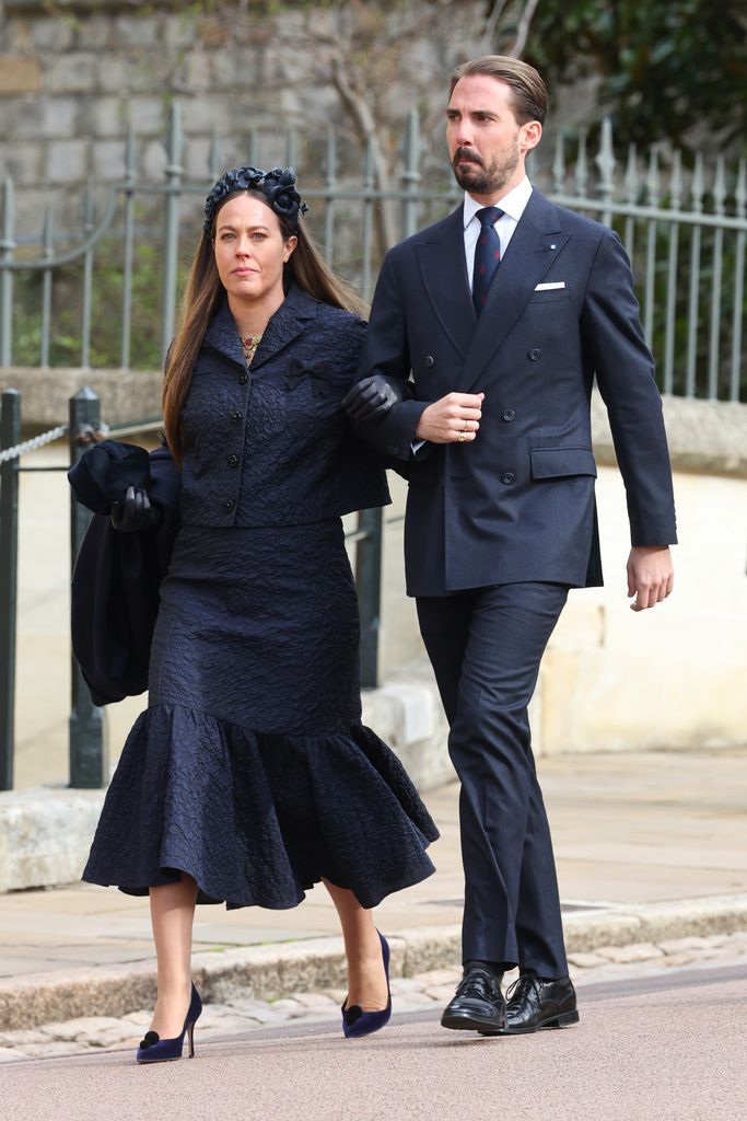 Princess Nina of Greece and Denmark aka Nina Flohr and Prince Philippos of Greece and Denmark attends the Thanksgiving Service for King Constantine of the Hellenes at St George's Chapel on February 27, 2024 in Windsor, England. Constantine II, Head of the Royal House of Greece, reigned as the last King of the Hellenes from 6 March 1964 to 1 June 1973, and died in Athens at the age of 82. (Photo by Chris Jackson/Getty Images)