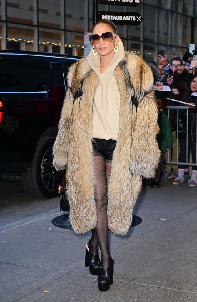 Jennifer Lopez arrives to Rockefeller Center on February 16, 2024 in New York City. (Photo by James Devaney/GC Images)