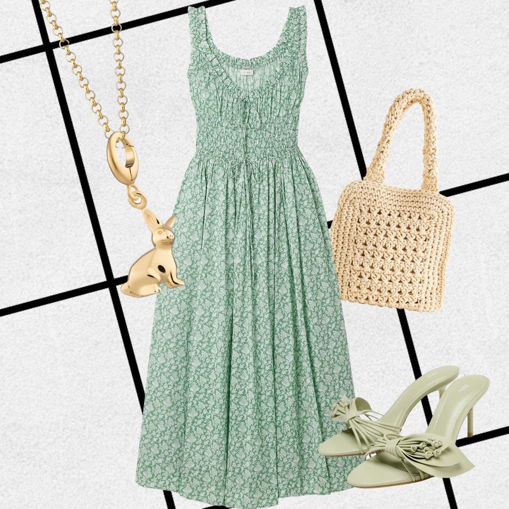 A mint-green smocked sundress in soft cotton with tiny floral prints flows gently to the ankles. It’s paired with delicate heels and a crochet tote. A smooth gold bunny charm necklace adds a sweet, whimsical detail to this romantic look.