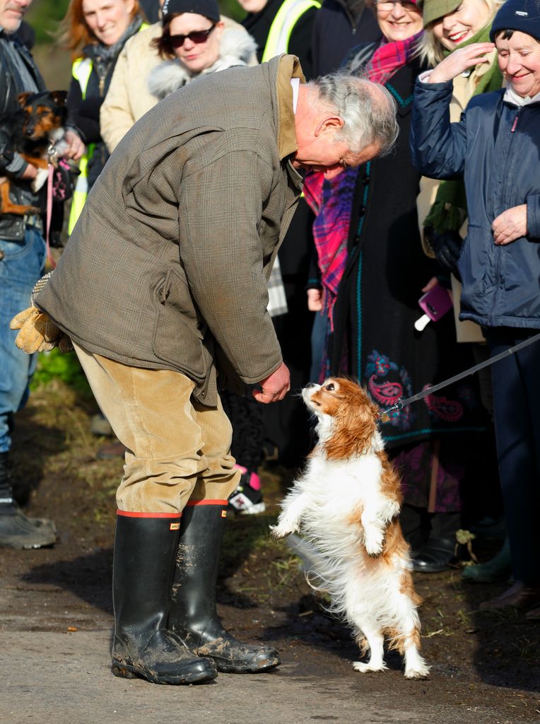 King Charles in wellies stroking a dog