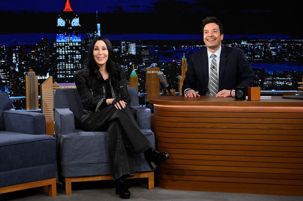 Cher in leather on The Tonight Show couch