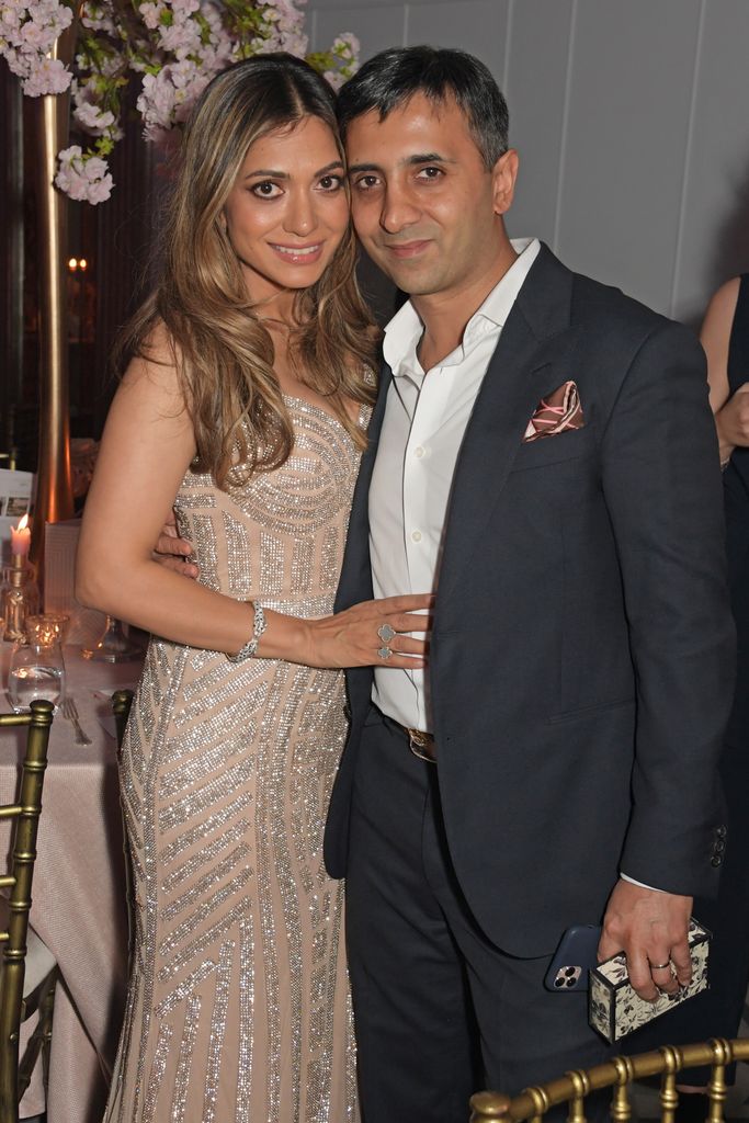 Tara Lalvani in a sparkly dress with her husband Tej Lalvani in a suit