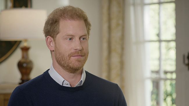 Prince Harry looking serious during his interview with Tom Bradby