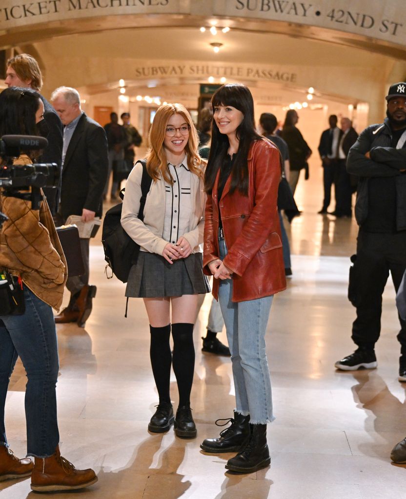 NEW YORK, NEW YORK - OCTOBER 11:  Sydney Sweeney and Dakota Johnson are seen on the set of "Madame Web" in Grand Central Station on October 11, 2022 in New York City. (Photo by James Devaney/GC Images)