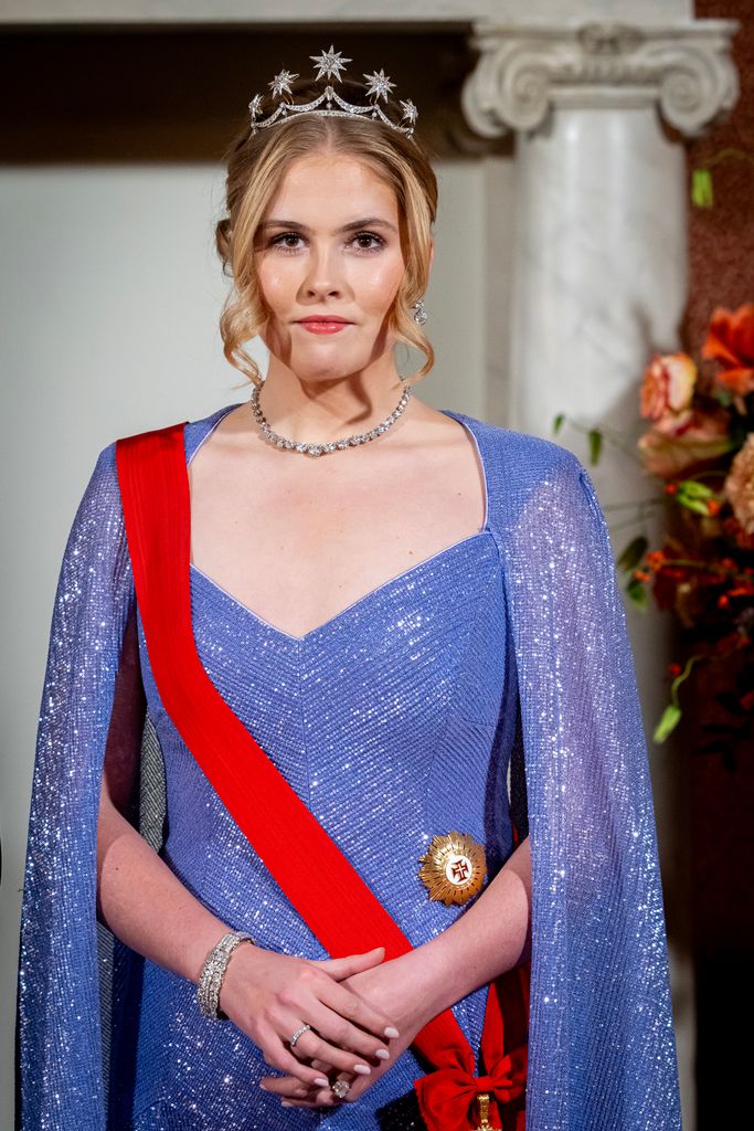 Princess Amalia of The Netherlands attends the state banquet in honor of President Marcelo Rebelo de Sousa of Portugal at the Royal Palace on December 10, 2024 in Amsterdam, Netherlands. 