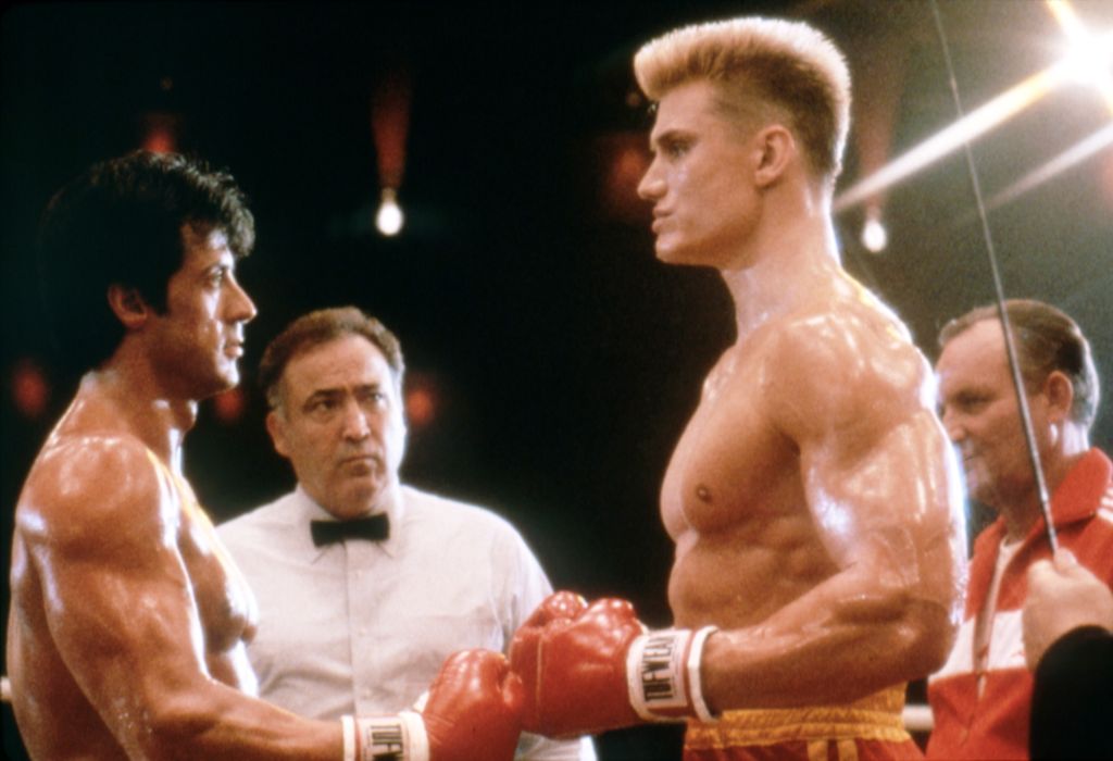 Dolph Lundgren with Sylvester Stallone on the set of his movie Rocky IV
