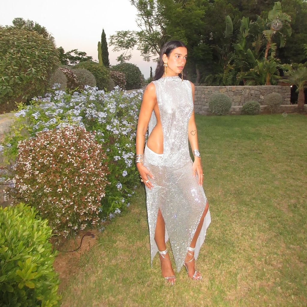Dua Lipa stands in a lush garden setting, surrounded by flowering shrubs and manicured greenery. She is wearing a shimmering silver chainmail-inspired gown with daring cutouts at the sides and hips, creating a bold silhouette. The dress features a high neckline, an elegant slit, and a fluid drape that catches the light with every angle. Silver strappy heels elongate her frame, while her jewelry—stacked cuffs and sculptural gold earrings—add to the sense of modern glamour. Her pose is poised yet effortless, as though she has stepped out of a dream.