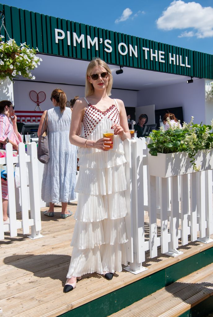 Lucy Boynton with Pimm's, an Official Partner of Wimbledon, at All England Lawn Tennis and Croquet Club on July 10, 2025 in London, England.