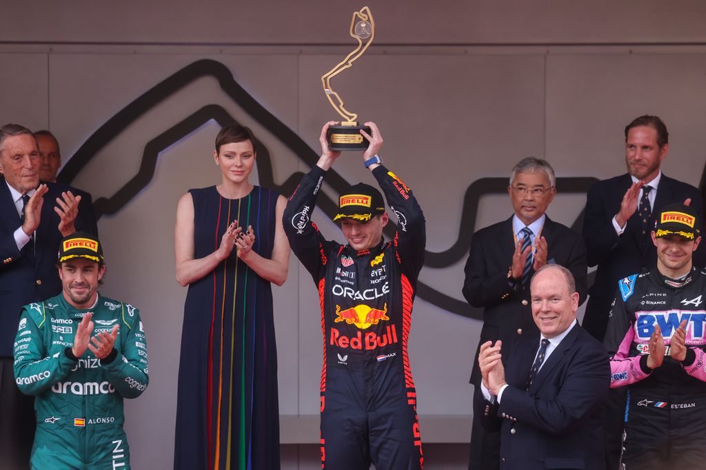 Princess Charlene and Prince Albert applaud Max Verstappen after the F1 Grand Prix of Monaco