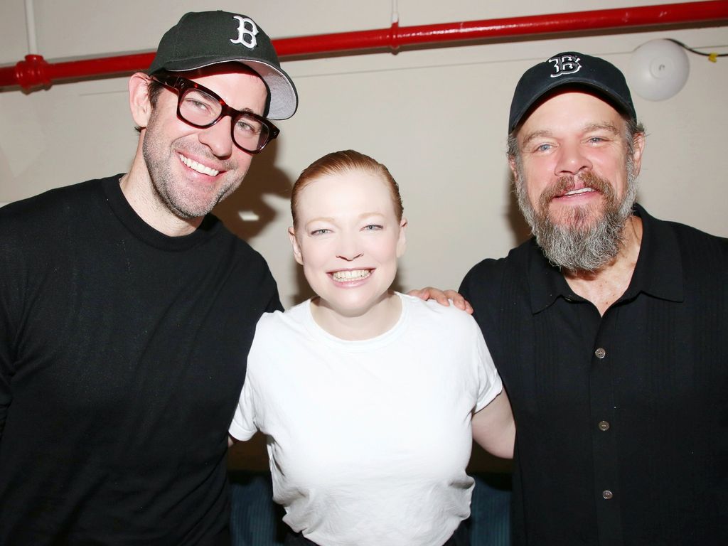 John Krasinski, Sarah Snook and Matt Damon pose backstage at the hit play "The Picture of Dorian Gray" on Broadway at The Music Box Theatre on May 9, 2025 in New York City