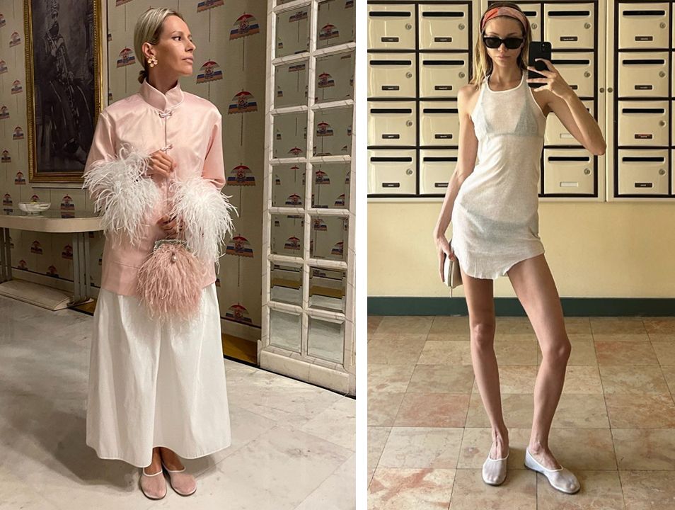 White mesh ballet flats by Dear Frances have become an influencer favourite, worn by @uliavoronova (left) and @jessieandrews (right)
