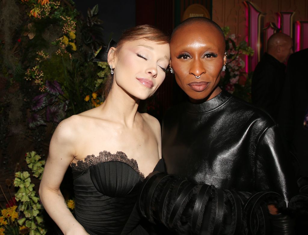 Ariana Grande and Cynthia Erivo pose during the New York City premiere of the film "Wicked: For Good"